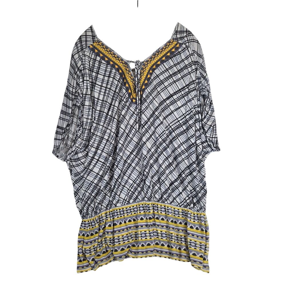 Anthropologie C Keer Womens Boxy Plaid Blouse XL Gray Yellow Embroidered V-Neck